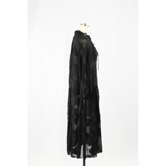 Aritzia WILFRED Dufour Black Sheer Leaf Jacquard Midi Peasant Dress, Size S - Picture 2 of 16